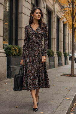 Talbots paisley jersey faux wrap midi dress Sz Medium career office church fall